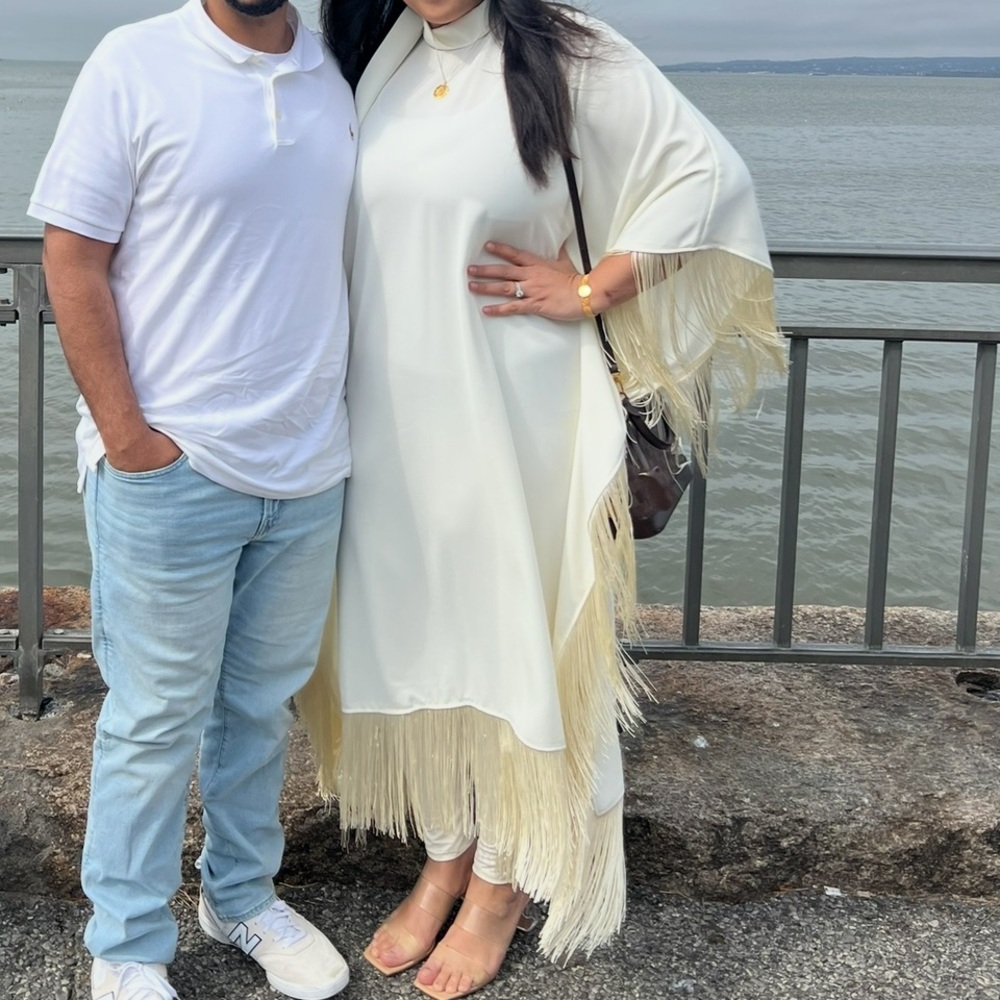 Taller Marmo Inspired Off White Fringed Kaftan Dress With Tie Neck Detail